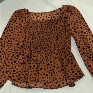 SHEIN Brown Smocked Peplum Blouse Long Sleeve